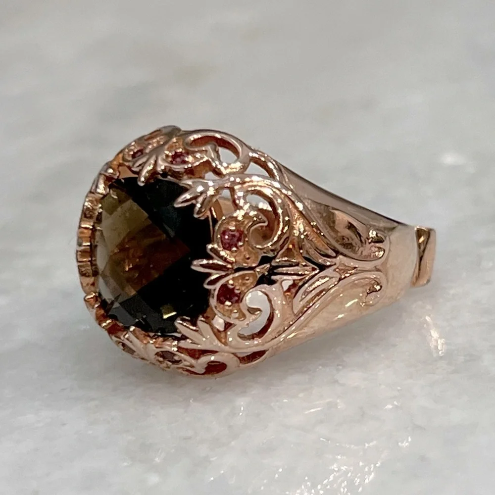 Brazilian Smoky Quartz Orissa Rhodolite Garnet 14K RG Sterling Silver Ring Sz 8